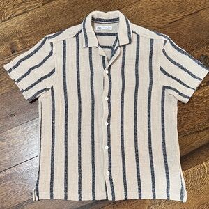 Zara Men's Casual Beige and Navy Striped Shirt